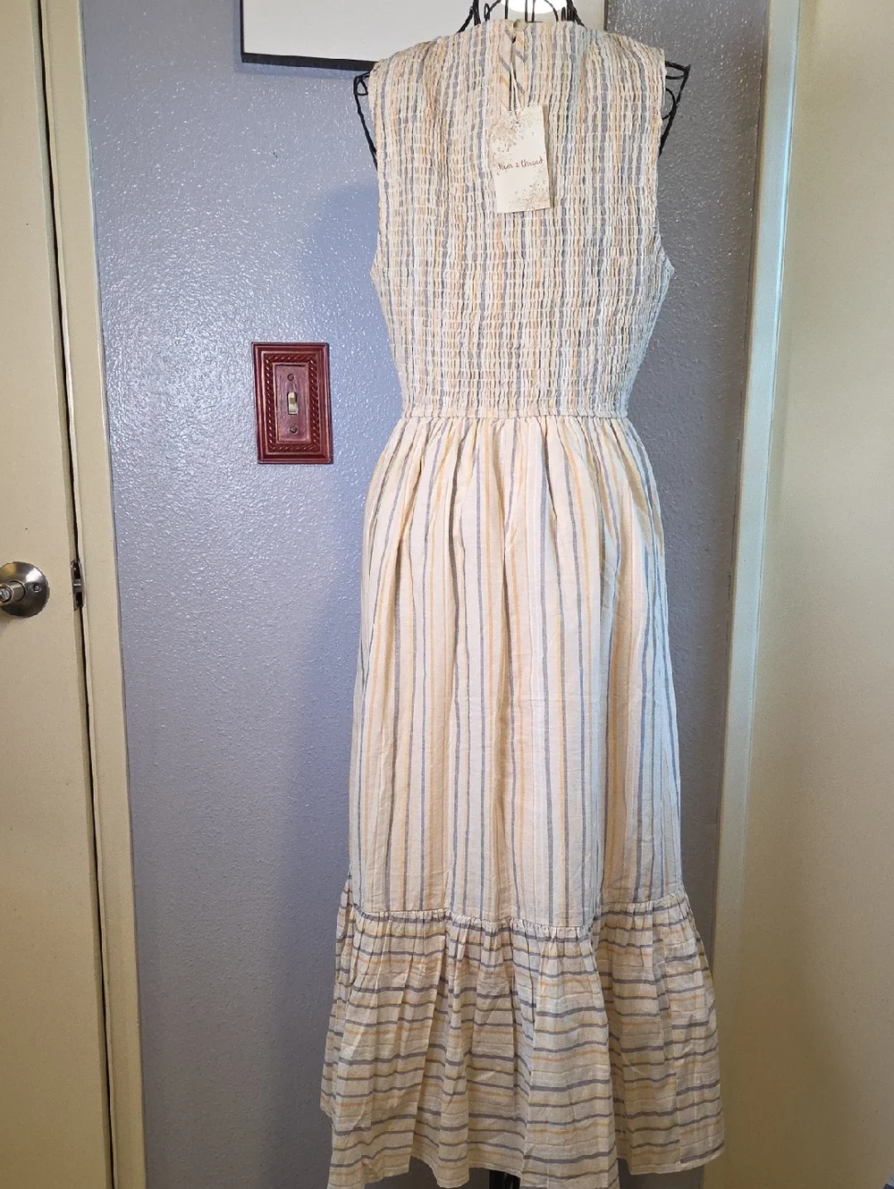 Allie Smocked Mixed Stripe Sleeveless Cotton Ruffled Midi Dress - Picture 7 of 7